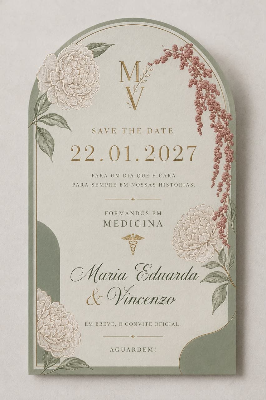 Arte do save the date da formatura, com moldura em arco e flores