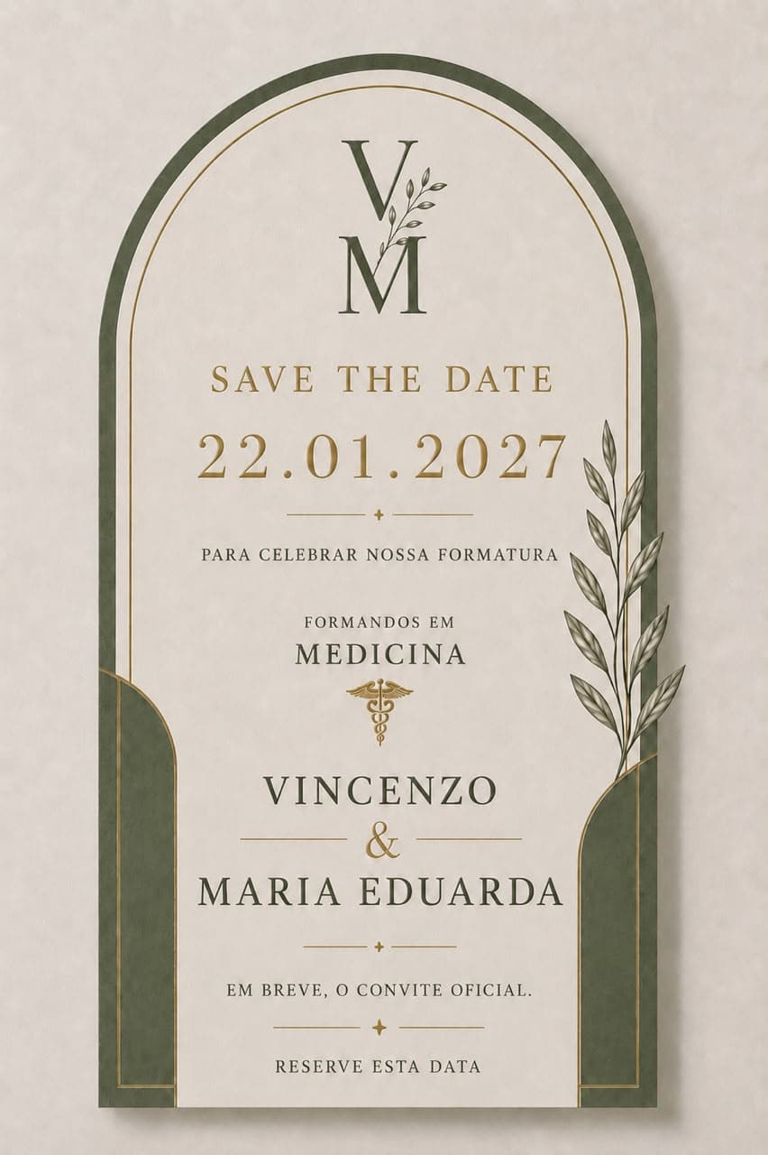 Segunda arte do save the date, em tons de verde e dourado